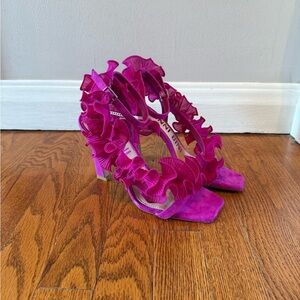 Gianni Bini Women's Franz Suede Chiffon Pink Ruffle Heel Sandals